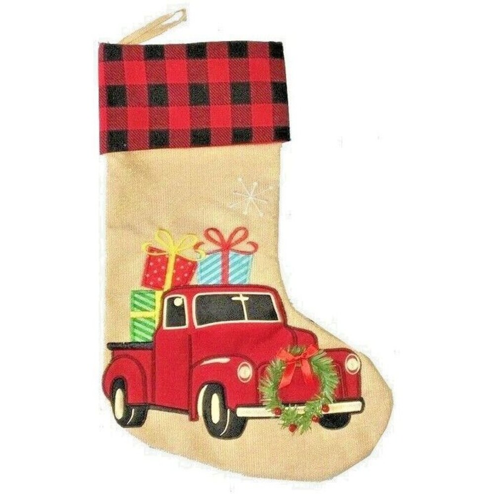 Christmas Stocking Buffalo Plaid Red Farm Truck Embroidered Presents 3D Wreath